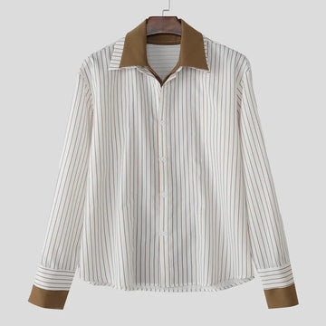 AIDASE  -  Men Shirt Striped Patchwork Lapel Long Sleeve Loose Men Clothing Streetwear 2025 Fashion Casual Male Shirts Korean Style aidase-shop